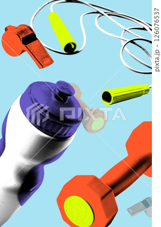 Poster. Conceptual art collage. Jump rope, bottle, dumbbells and whistles floating on blue background with bold tones. Pop art style. Textured effect. Poster. Conceptual art collage. Jump rope, bottle, dumbbells and whistles floating on blue background with bold tones. Pop art style. Textured effect. 126076537