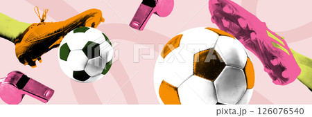 Banner. Conceptual art collage. Soccer cleats, footballs and pink whistles against soft background 126076540