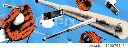 Banner. Composite collage. Baseball bats, leather gloves and whistles in striking composition against blue background. 126076543