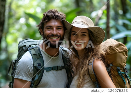 young couple exploring tropical jungle trail 126076828