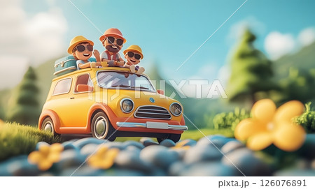 3D illustration of a family on a summer road trip with the car packed 126076891
