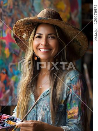 Hispanic artist painting cultural portrait on canvas, studio light, 126076973