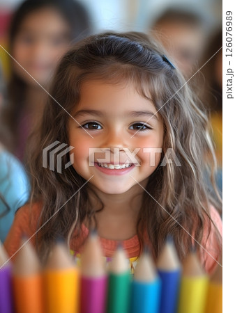 smiling children drawing Latin culture symbols in classroom, 126076989