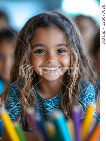smiling children drawing Latin culture symbols in classroom, 126077026
