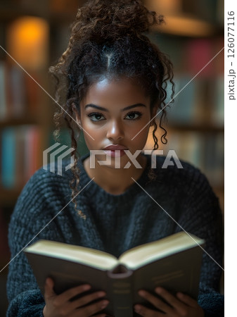 student sitting alone in library reading a thick book, 126077116