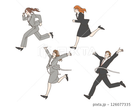 ダッシュしている女性とゴールして喜んでいる男女のビジネスマンのイラストセット競争社会 126077335