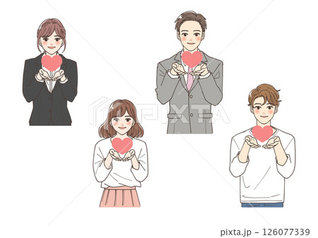 手にハートを持っている若い人物のイラストセット 手にハートを持っている若い人物のイラストセット 126077339