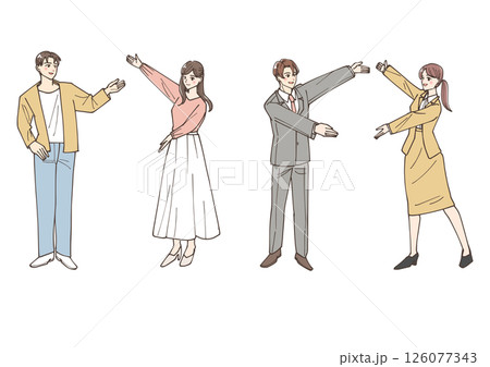 こちらと案内のポーズをしている若いビジネスマンたちのイラストセット 126077343