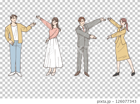 こちらと案内のポーズをしている若いビジネスマンたちのイラストセット 126077343
