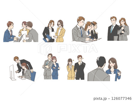 良い関係性を築いている若いビジネスマンのチームのイラストセット 良い関係性を築いている若いビジネスマンのチームのイラストセット 126077346