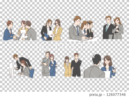 良い関係性を築いている若いビジネスマンのチームのイラストセット 良い関係性を築いている若いビジネスマンのチームのイラストセット 126077346