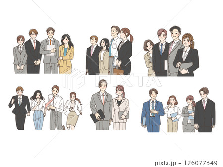 集団で並んでいる若い男女のビジネスチームのイラストセット 126077349