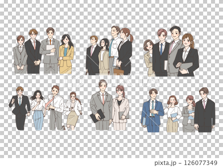 集団で並んでいる若い男女のビジネスチームのイラストセット 126077349