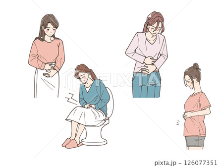 お腹のハリや便秘などお腹の悩みを持っている若い女性のイラストセット 126077351