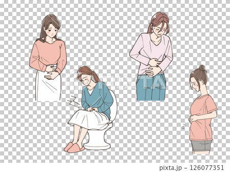 お腹のハリや便秘などお腹の悩みを持っている若い女性のイラストセット 126077351