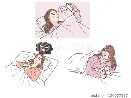睡眠に関しての悩みを抱えている若い女性たちのイラストセット 126077357