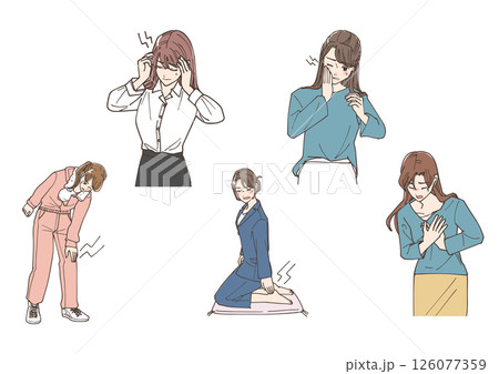 頭痛など体の痛みを感じている女性たちのイラストセット 126077359