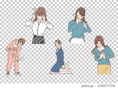 頭痛など体の痛みを感じている女性たちのイラストセット 126077359