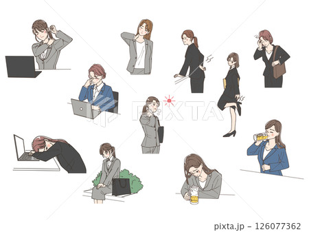 体の不調を感じながらも働く若い女性のビジネスマンたちのイラストセット 126077362