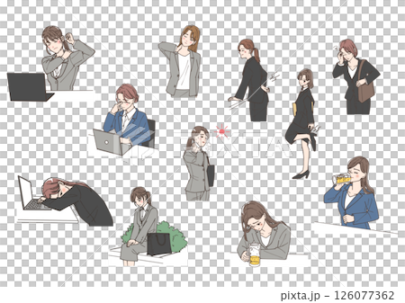 体の不調を感じながらも働く若い女性のビジネスマンたちのイラストセット 126077362
