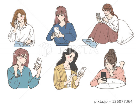 携帯電話を操作している若い女性たちのイラストセット 126077364