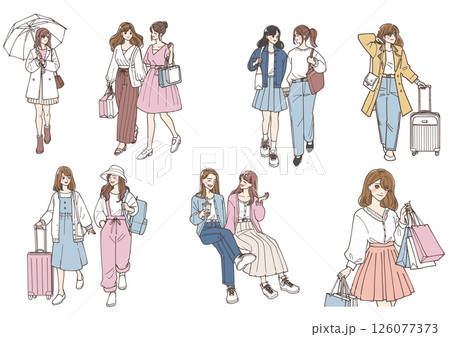 お出かけを楽しんでいる女性たちのイラストセット 126077373