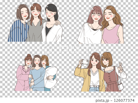 Illustration set of young women enjoying time together Illustration set of young women enjoying time together 126077374