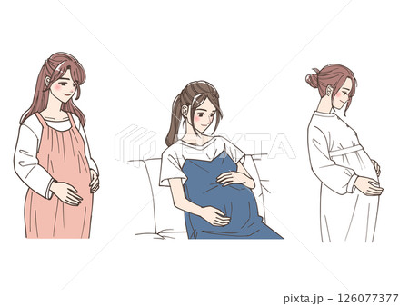 お腹を撫でている妊婦のイラストセット 126077377