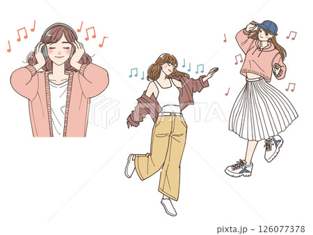 音楽に乗っている若い女性たちのイラストセット 126077378