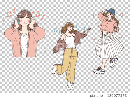 年輕女子騎著音樂的插圖集 126077378
