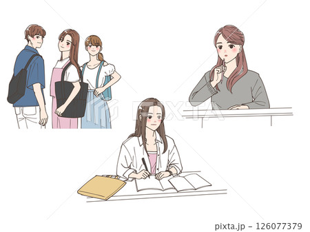 大学生活を楽しんでいる若い男性、女性たちのイラストセット 大学生活を楽しんでいる若い男性、女性たちのイラストセット 126077379