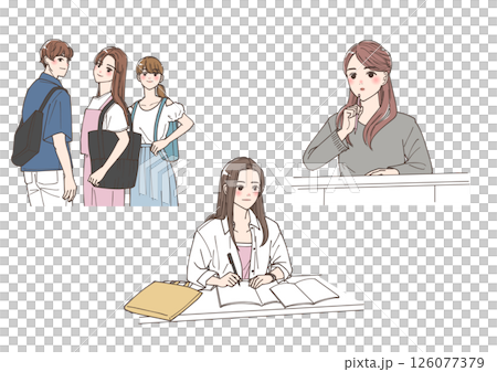 Illustration set of young men and women enjoying college life 126077379
