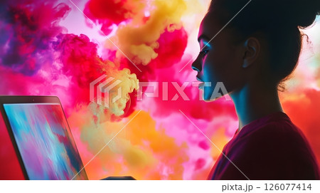 creative young person, laptop open, digital art, music streaming, artistic space, 126077414
