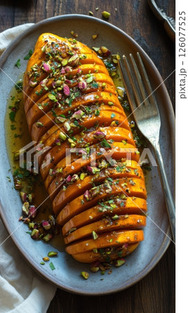 Roasted hasselback butternut squash with pistachio and herb topping on oval plate Roasted hasselback butternut squash with pistachio and herb topping on oval plate 126077525