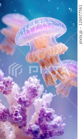 Jellyfish Day Beautiful translucent jellyfish and vibrant coral in tranquil underwater scene 126077561