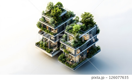 Isometric vector of high-rise smart buildings with green rooftops 126077635