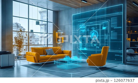 Architecture blueprint with AR interface overlay 126077637