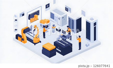 manufacturing automation with AI, robotic workers, high-tech machines, streamlined production process, innovative industry, 126077641