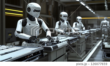 AI robots working on assembly line, advanced machinery, automated process, precision manufacturing, high-tech environment, 126077659