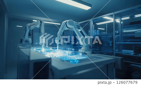 autonomous robots in high-tech factory, AI systems, machine learning in production, optimized manufacturing, future industry, 126077679
