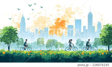 fitness lifestyle of young adults jogging and cycling in public park with greenery and city skyline flat illustration style 126078185