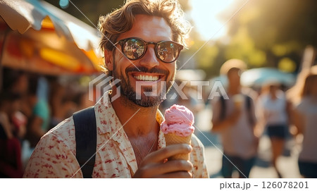 smiling man eating pink ice cream and checking smartphone in sunny public park while people jog and relax nearby 126078201