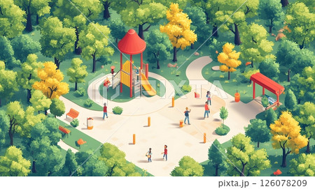 pastel vector isometric park afternoon people exercising reading chatting surrounded by soft foliage and clear sky 126078209