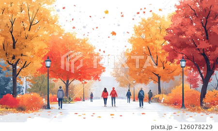 cozy fall illustration in vector isometric people walking with hot drinks colorful trees and clean park paths 126078229