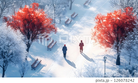 frosty isometric park early morning calm vibe people jogging snow benches warm clothes minimal colors 126078242