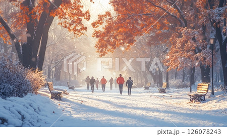 frosty isometric park early morning calm vibe people jogging snow benches warm clothes minimal colors 126078243