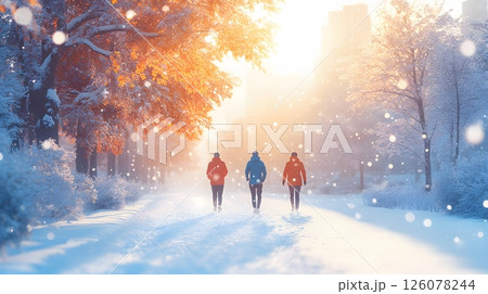 cold season city park in 3D isometric joggers moving through light snow foggy trees clean fresh look 126078244