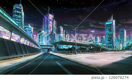 ゲーム背景　夜景の近未来ハイウェイのあるサイバーシティ	 126078274