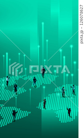 Users located on pixelated world map connected by vertical neon signals reflecting global networking. Users located on pixelated world map connected by vertical neon signals reflecting global networking. 126078627