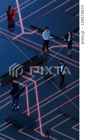 Corporate users interacting over futuristic neon-red chip surface representing digital collaboration 126078633